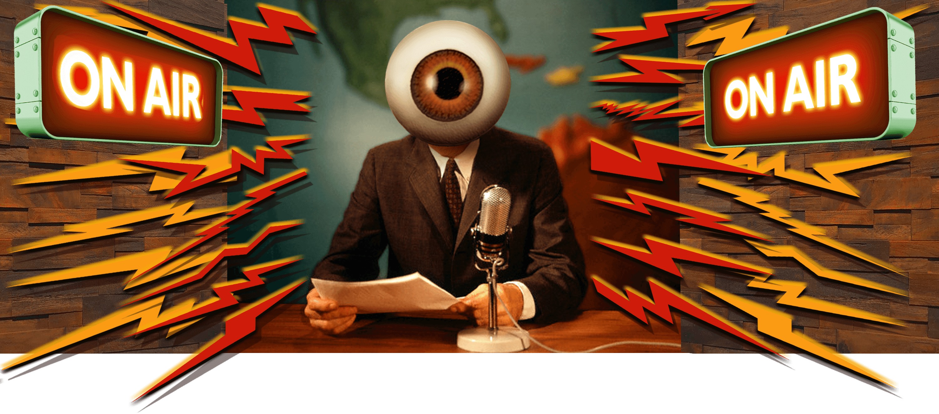Illustration of vintage newscaster with eyeball head, with red lightning bolts on either side